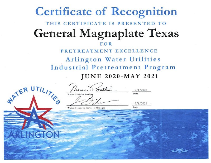 General Magnaplate Honored With Wastewater Pretreatment Award