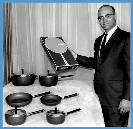 Doc Covino displaying the Tufram cookware line.