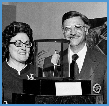Doc Covino with a piece of moon rock that was displayed at Magnaplate’s Linden facility.